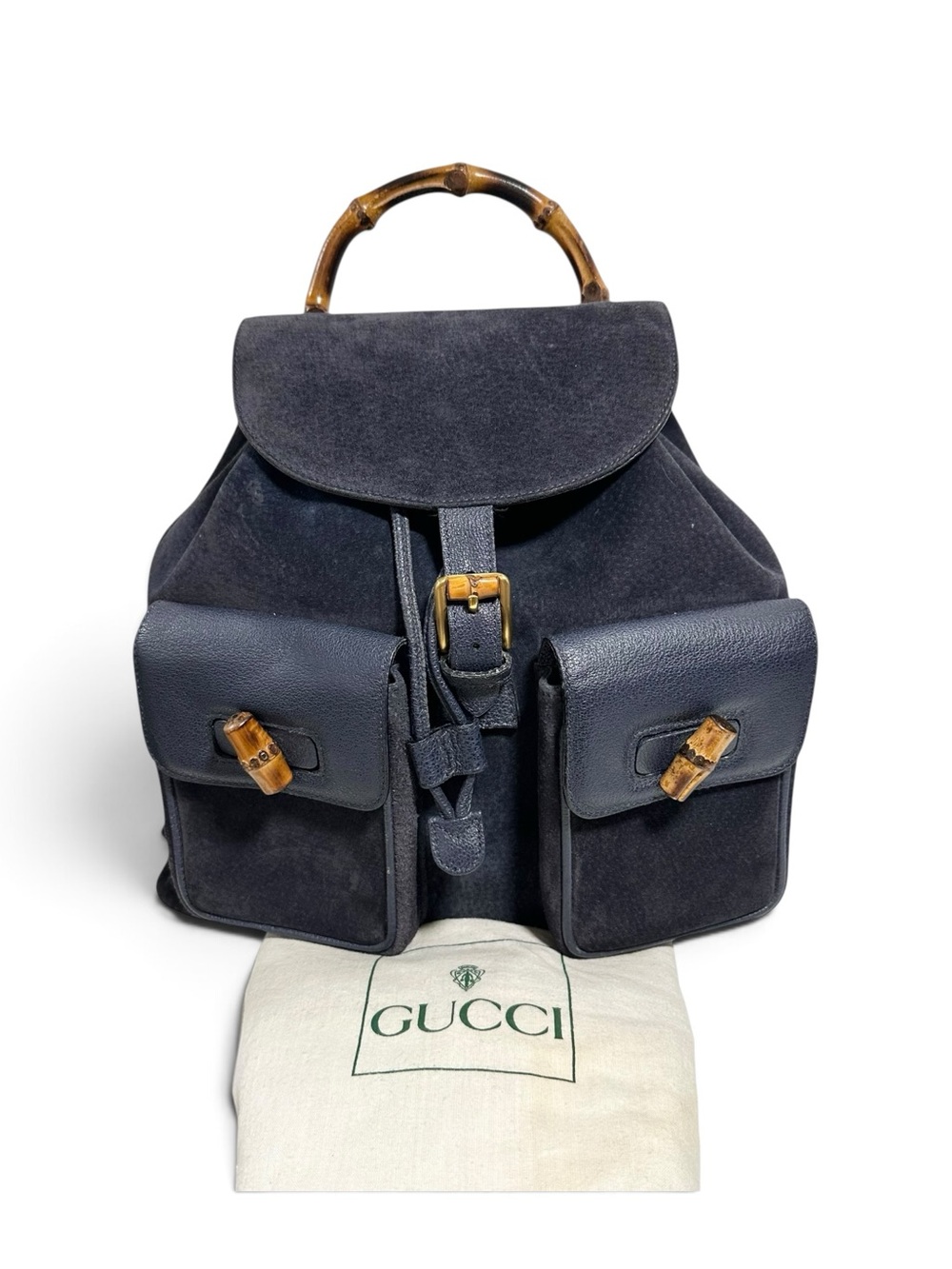Gucci Navy Blue Suede Leather & Bamboo Vintage Backpack & Dust Bag
